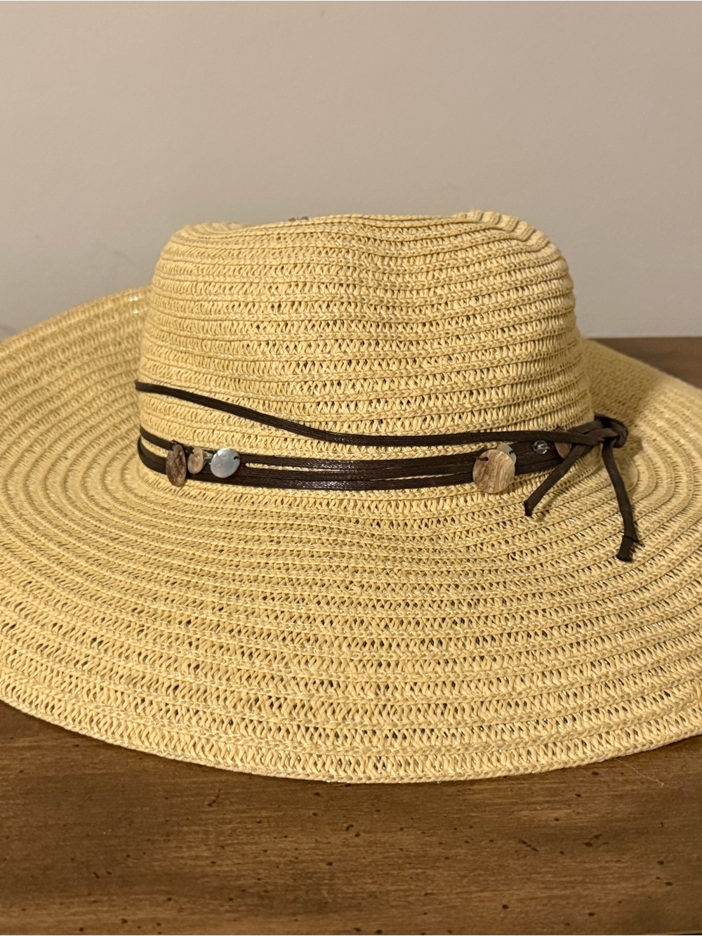 Wide Brim Straw Sun Hat with Brown Leather Band